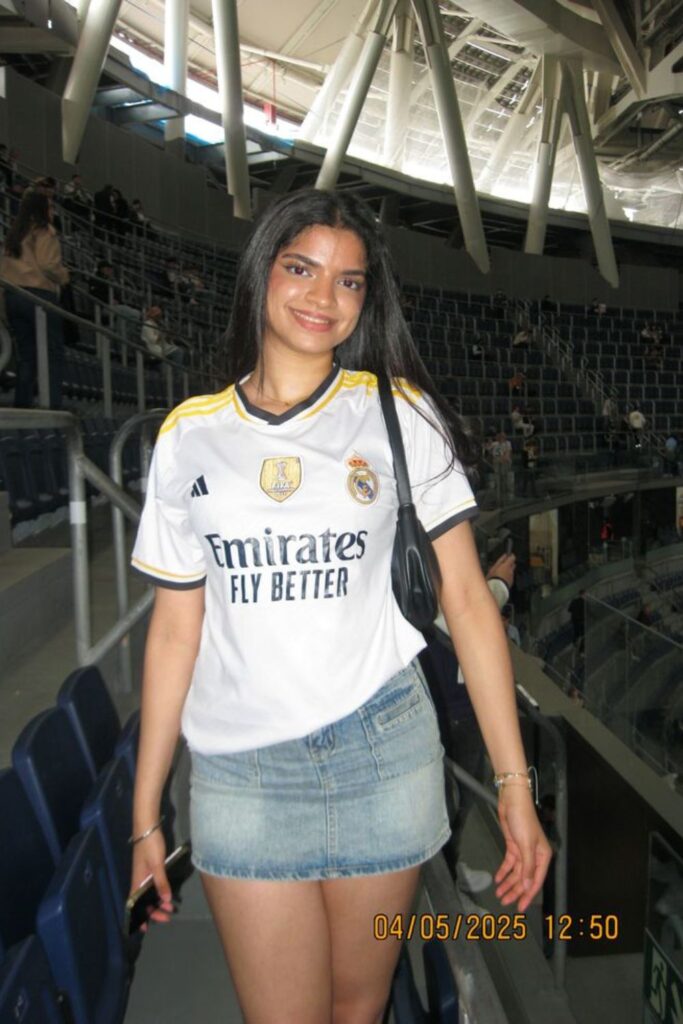 stadium glam with denim skirt