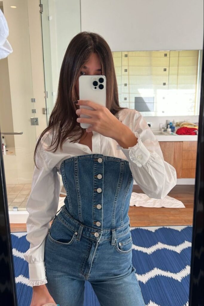 Denim on Denim Outfits Are Back and This List Proves It Was Never a Mistake romantic denim corset + white button up shirt
