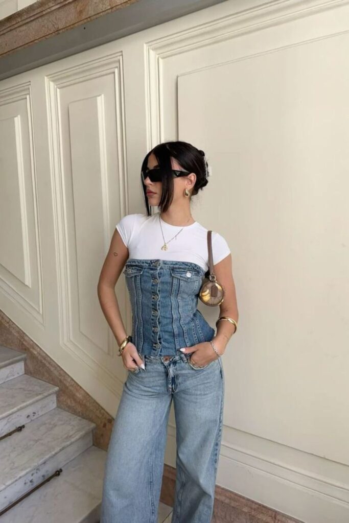 Denim on Denim Outfits Are Back and This List Proves It Was Never a Mistake denim corset + white t-shirt