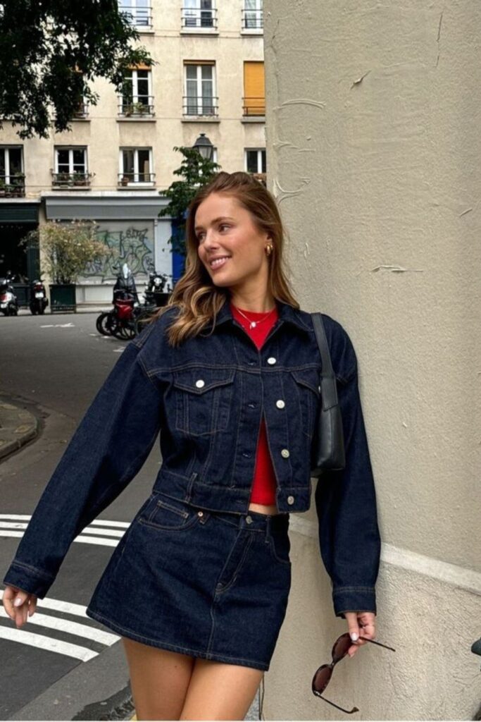 Denim on Denim Outfits Are Back and This List Proves It Was Never a Mistake dark denim over contrast t-shirt