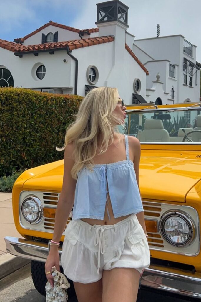 baby blue tie-front cami & white cargo short