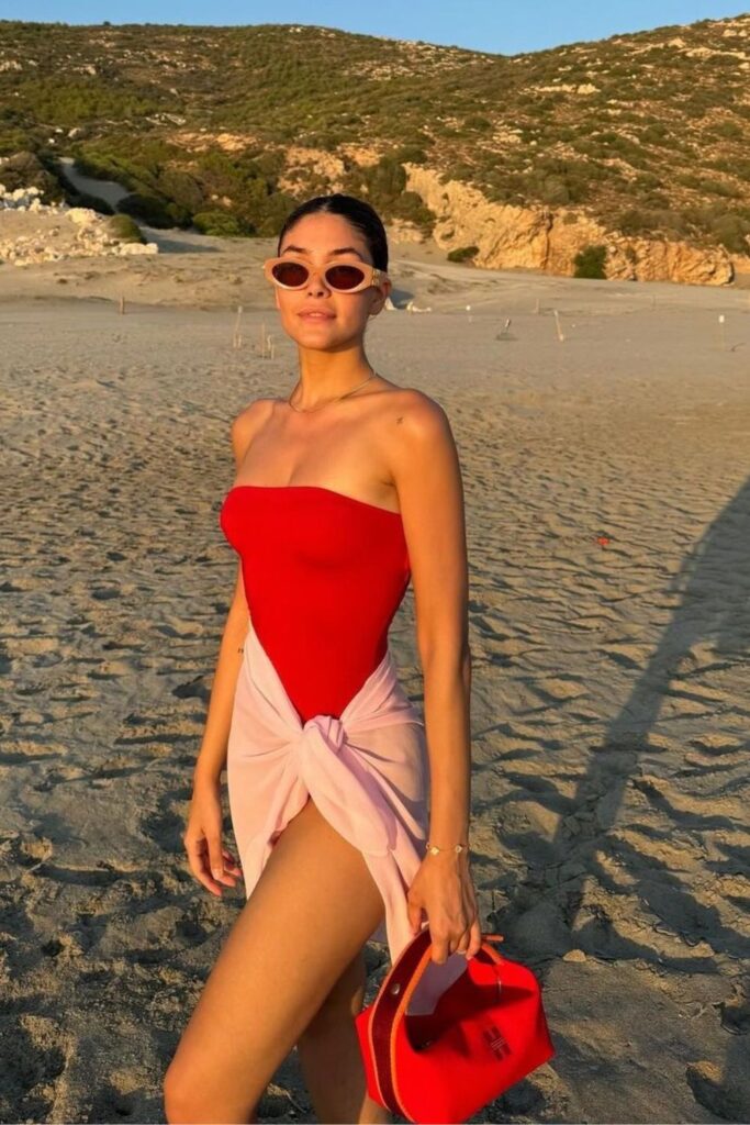 crimson bodysuit with chiffon sarong