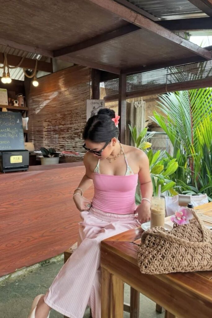 pink tube top over pastel bikini