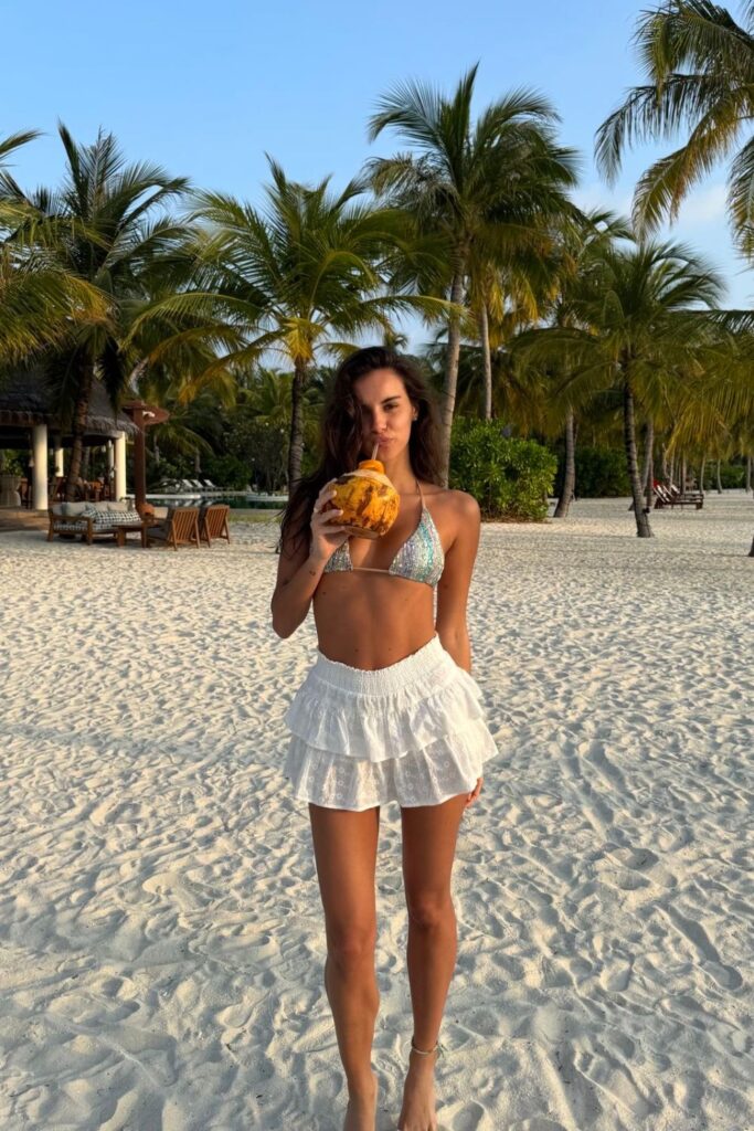 iridescent sequin bikini & ruffled eyelet mini skirt