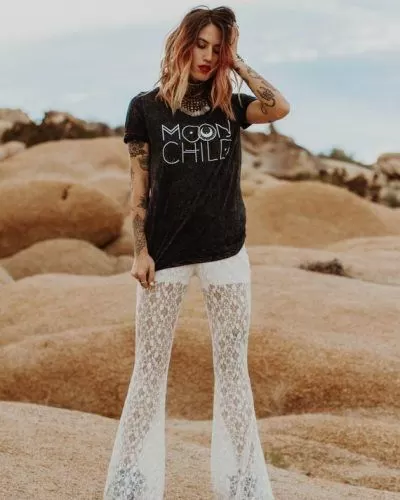 Graphic Tee with White Lace Pants