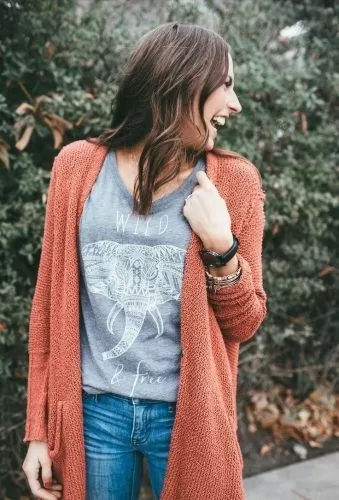 Graphic Tee Under Long Cardigan