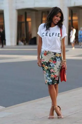 Graphic Tee with Floral Pencil Skirt