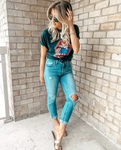 Dark Graphic Tee with High-Waisted Jeans
