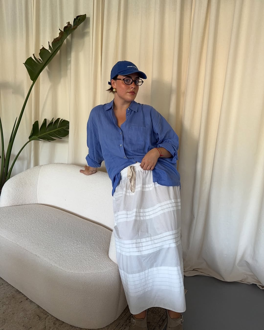 Blue Button-Down With Striped Maxi Skirt Casual Outfit