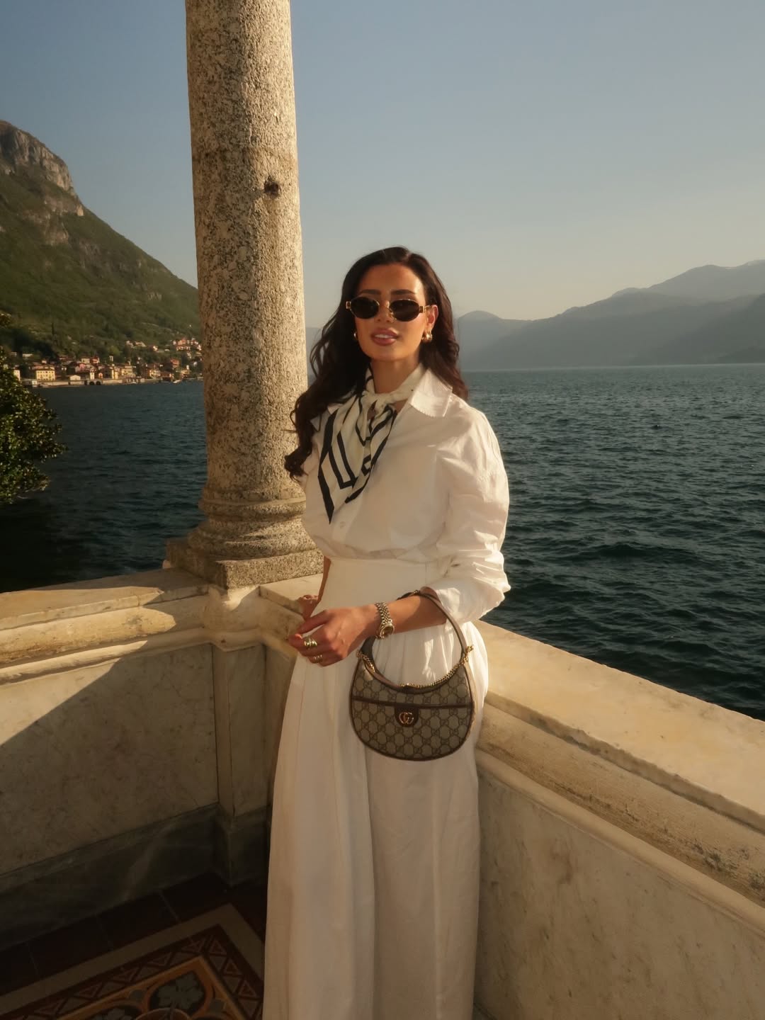 Chic White Shirt Dress With Monogram Bag
