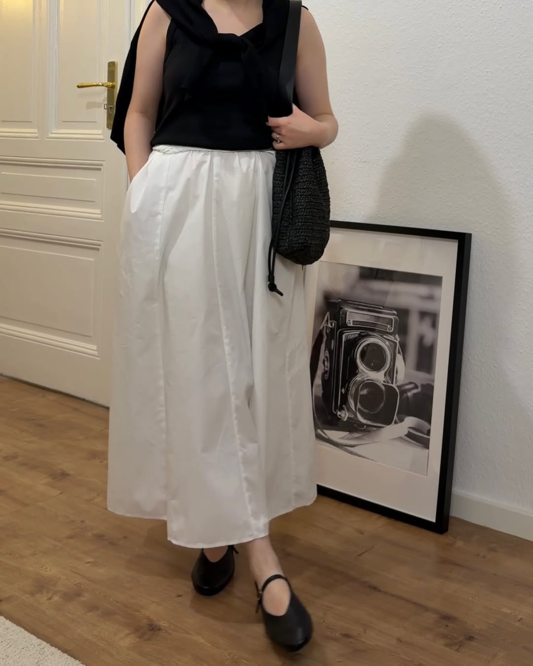 Chic Black Tank With Flowy White Midi Skirt Combo