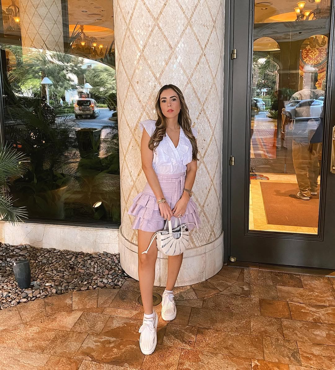 Lilac Ruffled Mini Skirt With White V-Neck Top