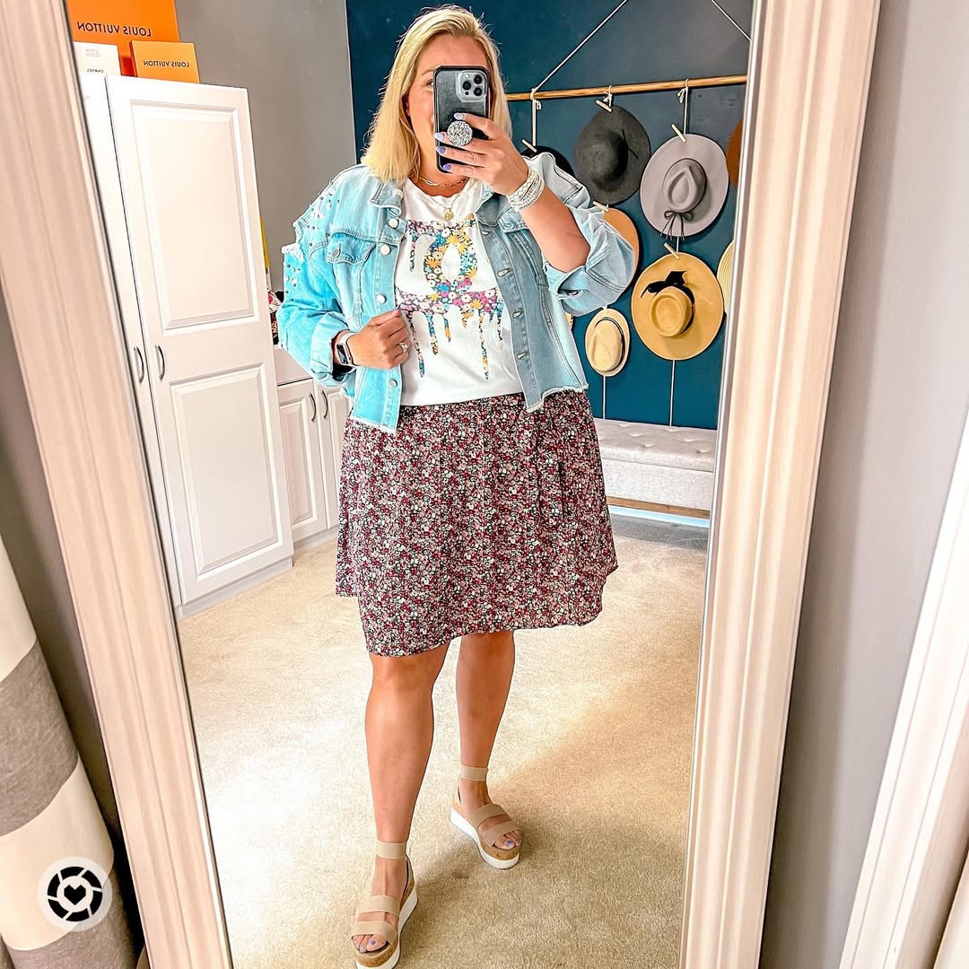 Denim Jacket Floral Skirt Casual Chic Look