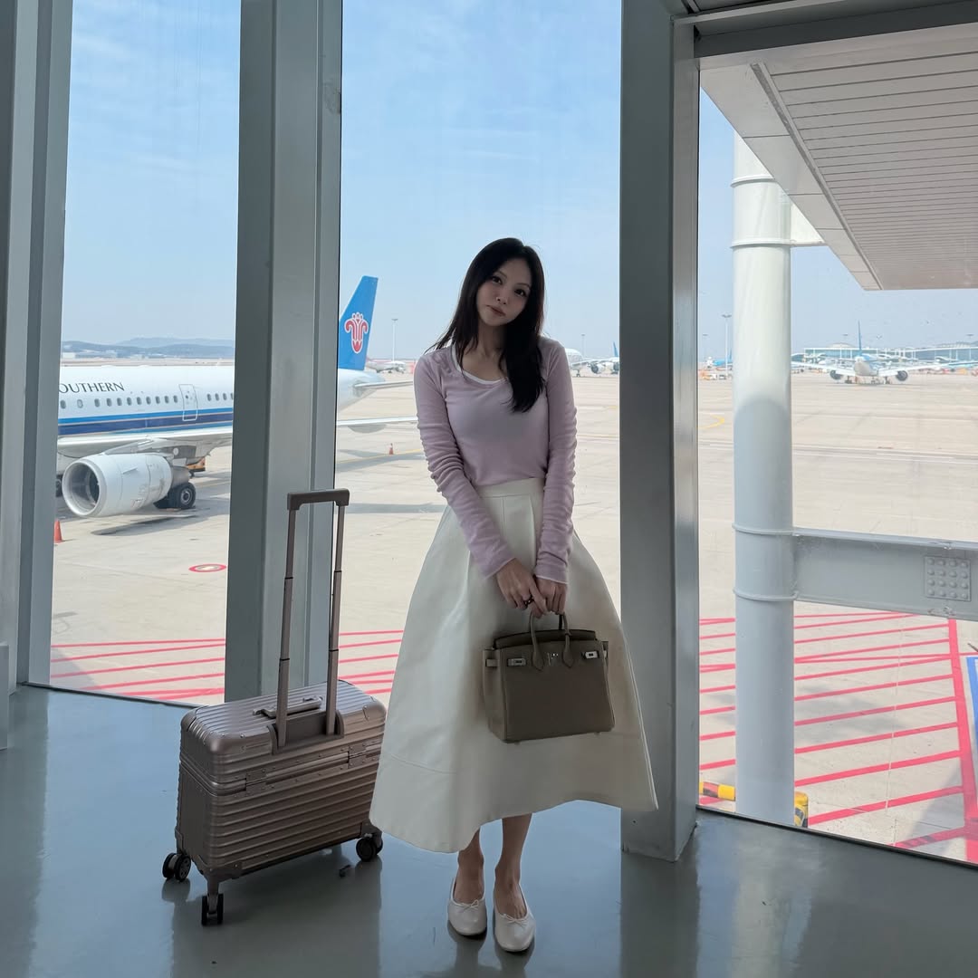 Pastel Top And Cream Midi Skirt Airport Chic