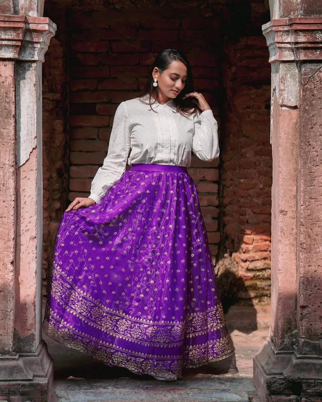 Juicy Purple Skirt with Dotted Button-Up Blouse