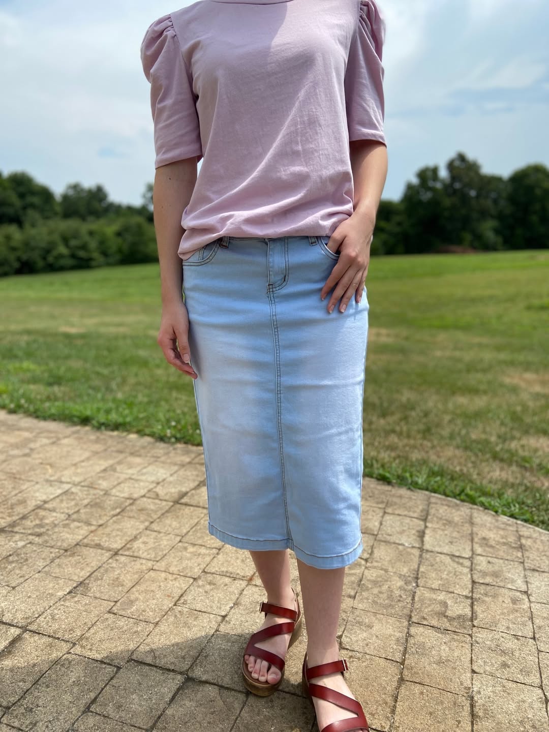 Lavender Puff Sleeve Top With Light Wash Denim Midi Skirt