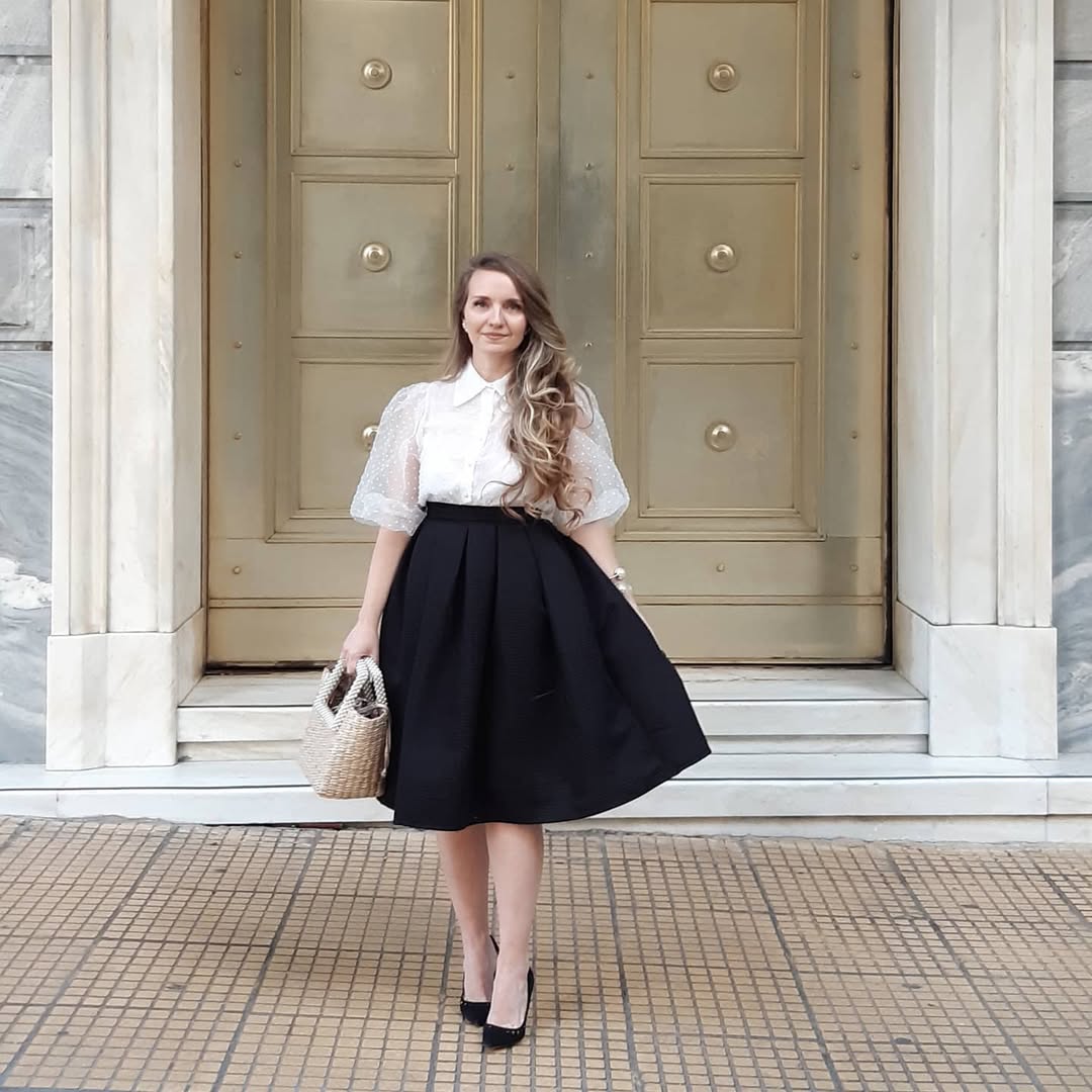 Polka Dot Puff Sleeve Blouse With Black Pleated Midi Skirt