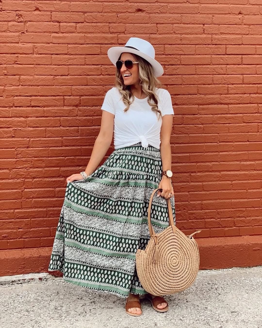 Tiered Maxi Skirt With Knotted Tee And Straw Tote