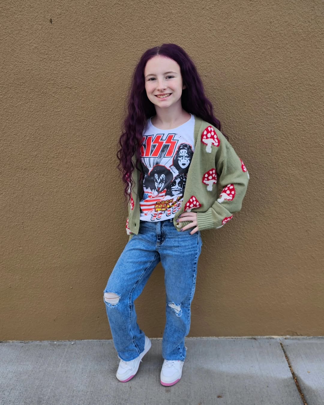 Retro Band Tee And Mushroom Cardigan Look