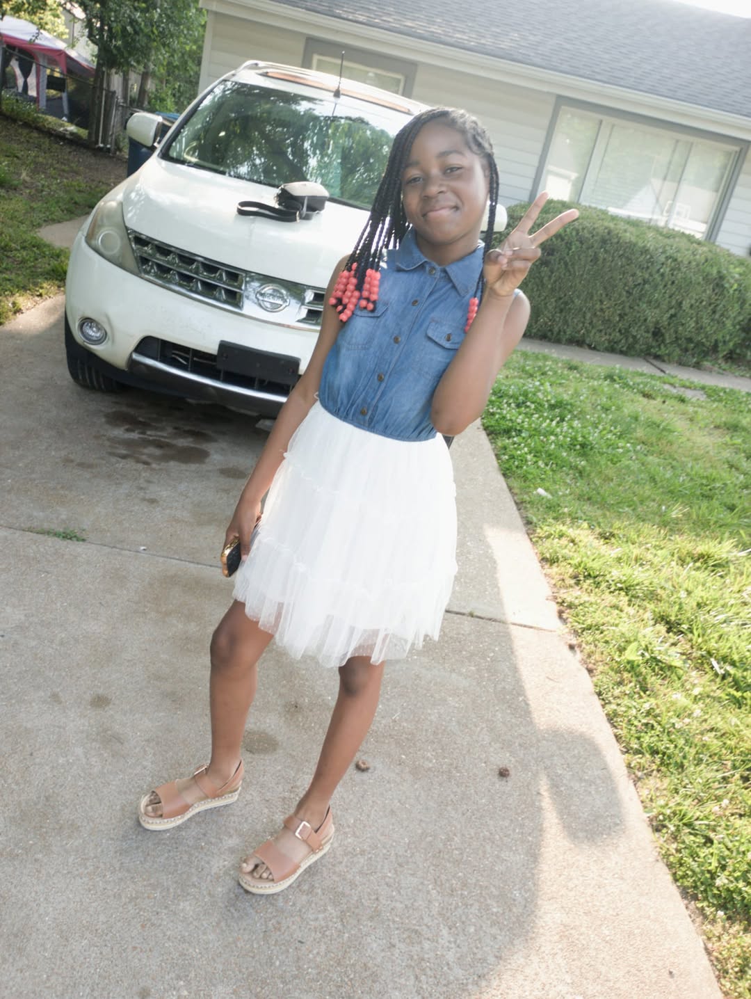 Denim Shirtdress With Tulle Skirt and Espadrille Sandals