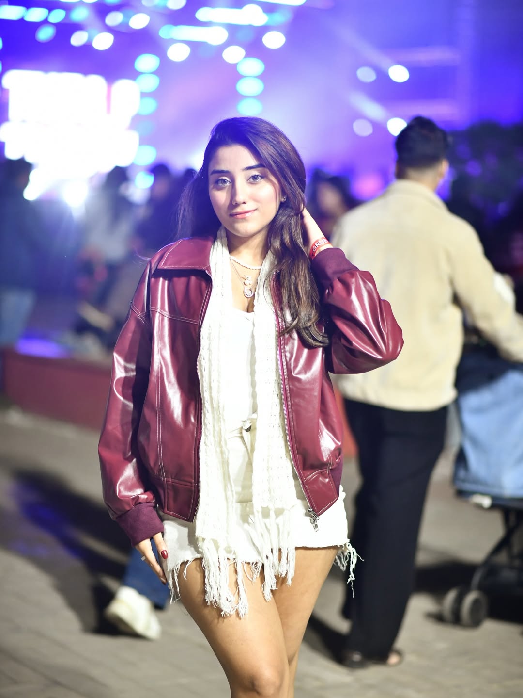 Crimson Faux Leather Bomber With White Fringe Top