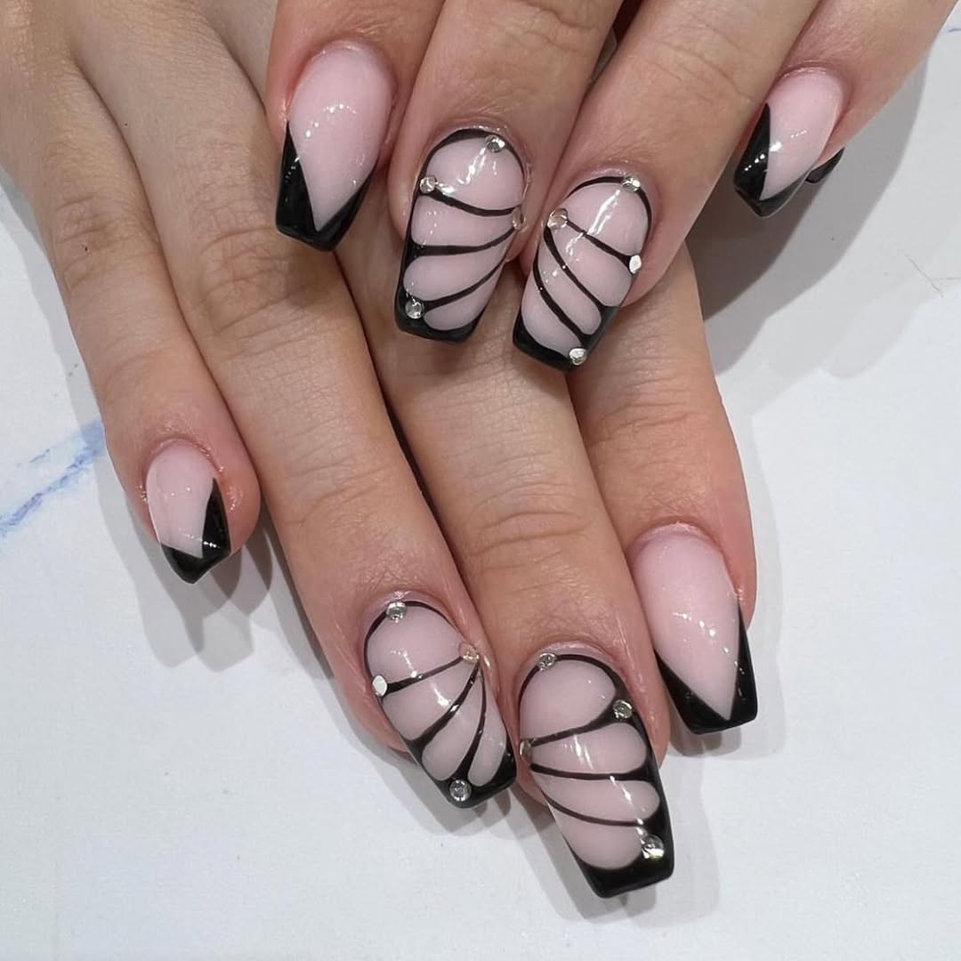 Pink and Black Butterfly Wing Coffin Nails