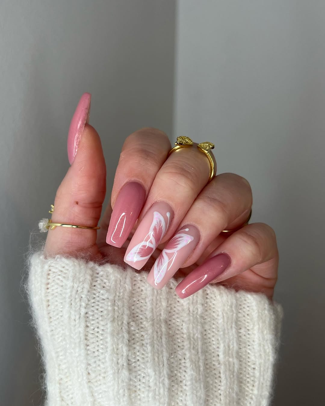 Ombre Pink White Butterfly Glossy Coffin Nails