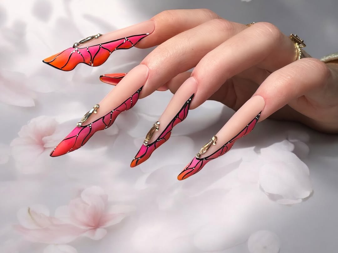 Sculpted Butterfly Wing Stiletto Nails with Ombré