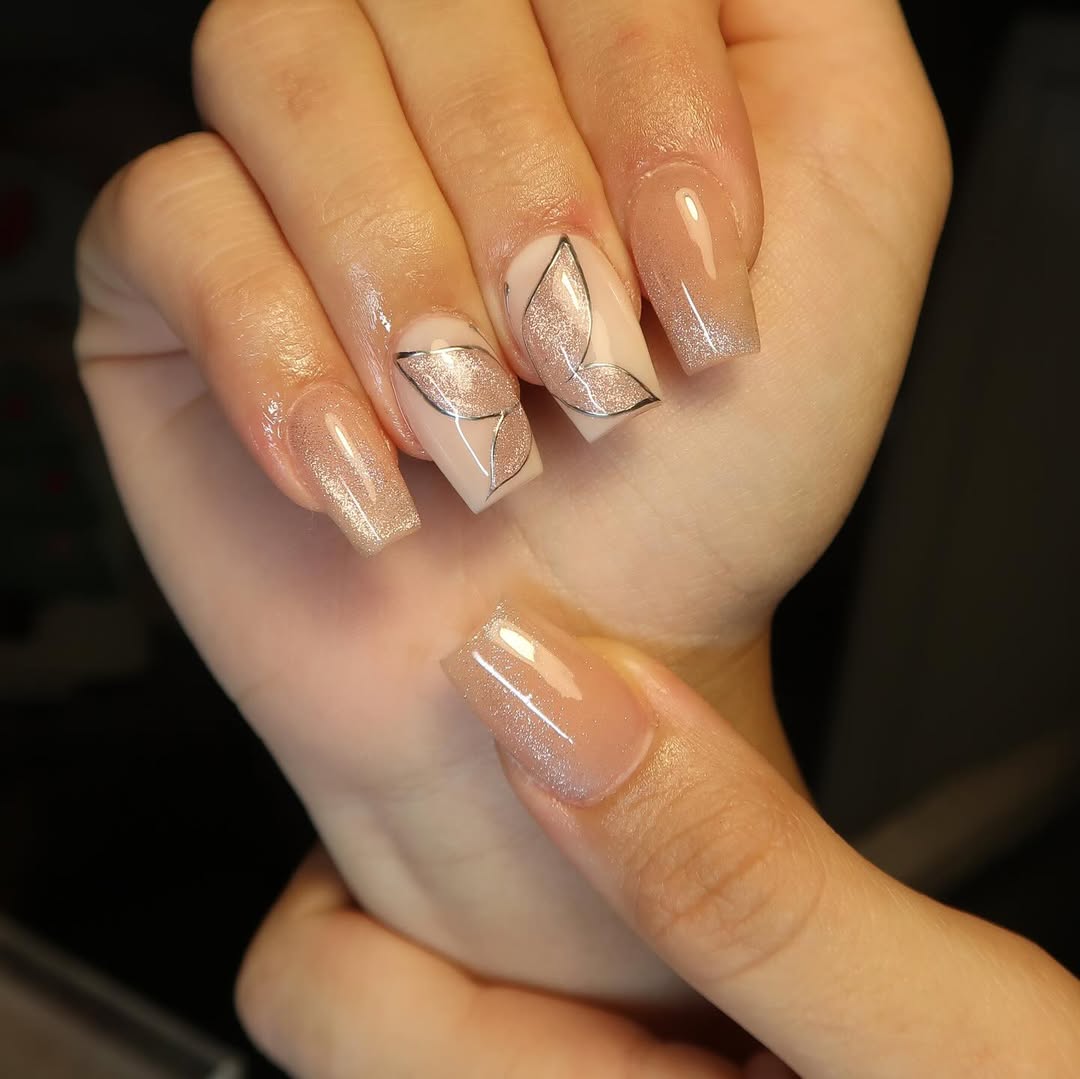 Rose Gold Butterfly Shimmer French Ombre Coffin Nails