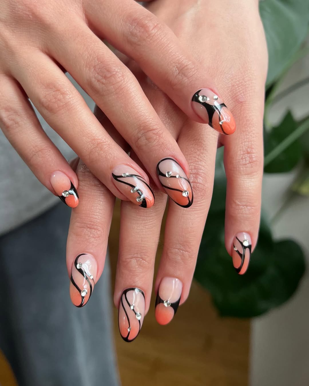Ombre Orange Black Butterfly Glam Almond Nails