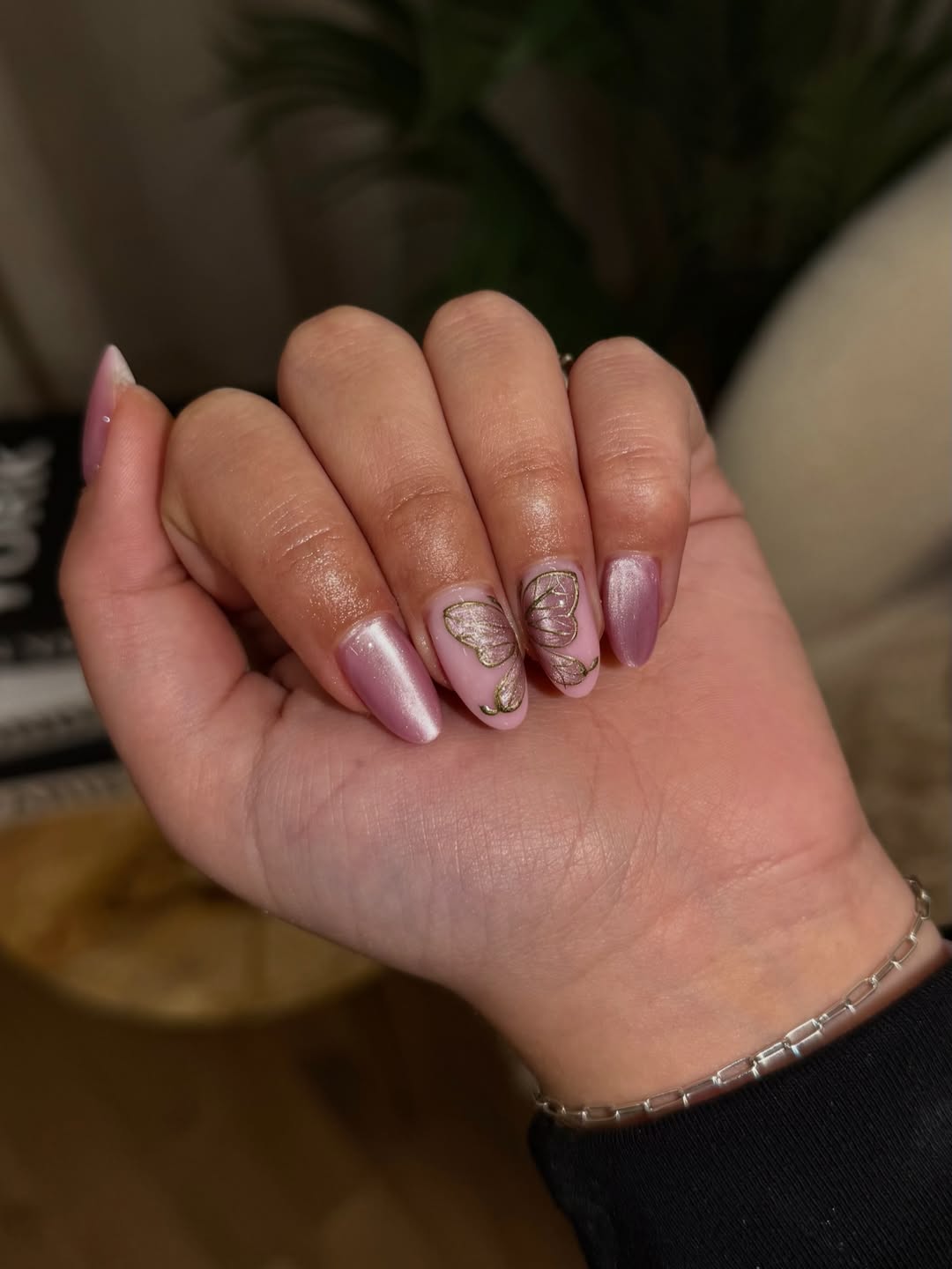 Iridescent Pink Butterfly Almond Nails