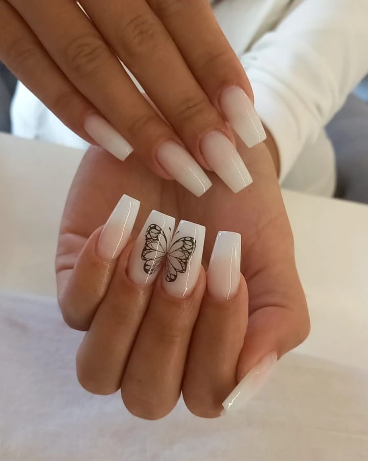 Milky White Butterfly Accent Coffin Nails