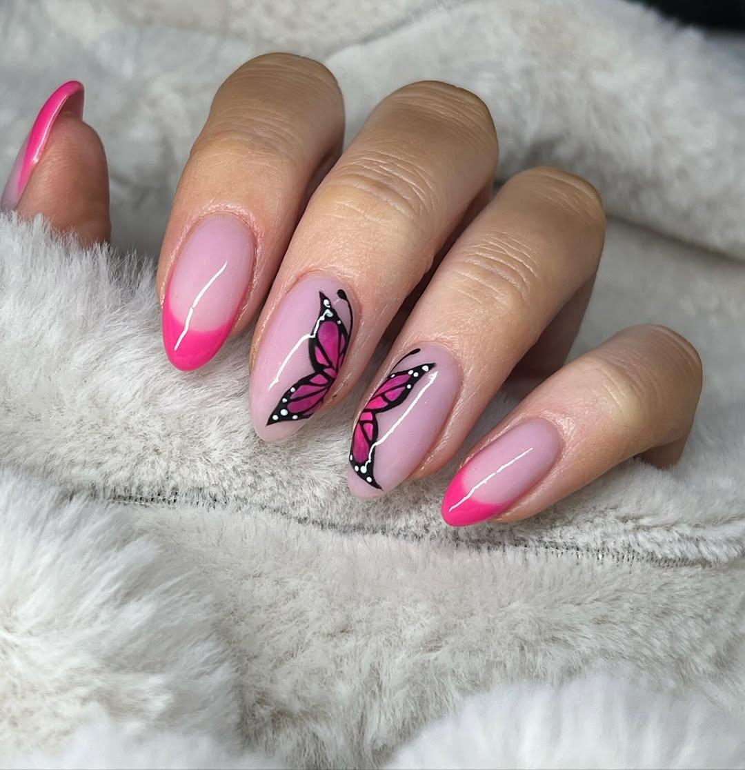 Hot Pink French Tips with Hand-Painted Butterfly Nail Art