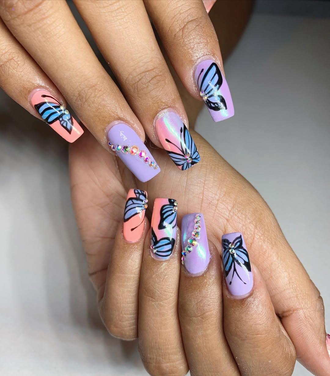 Whimsical Pastel Butterfly Crystal Long Coffin Nails