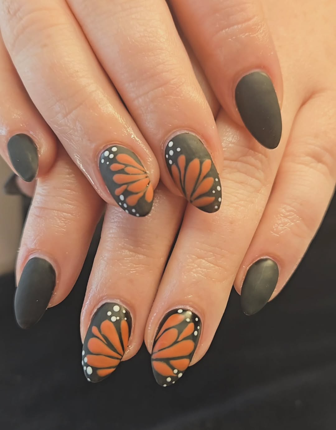 Matte Black Monarch Butterfly Almond Nails