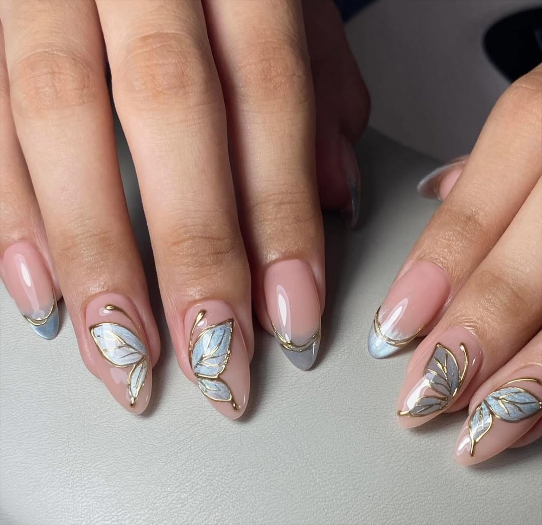 Gold-Edged Butterfly Almond French Tips