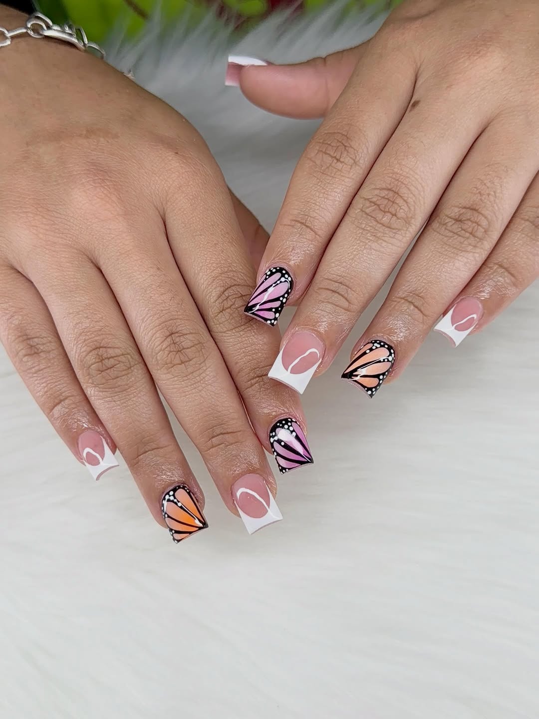 Pink Orange Butterfly Accent French Tips