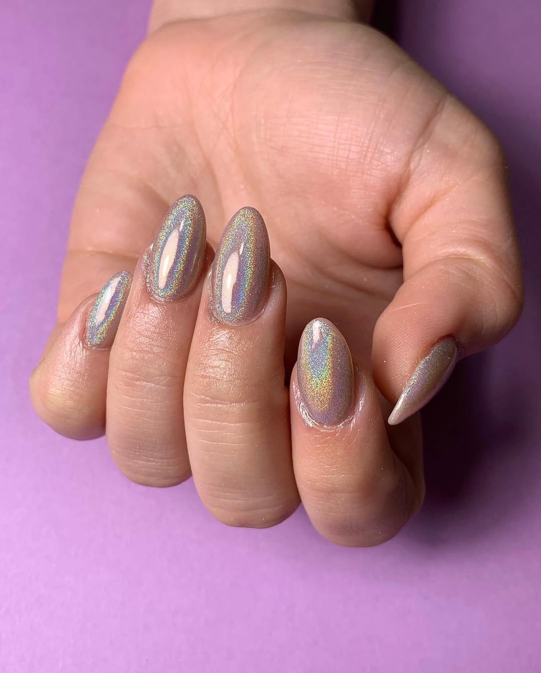 Iridescent Holographic Pink Almond Nails