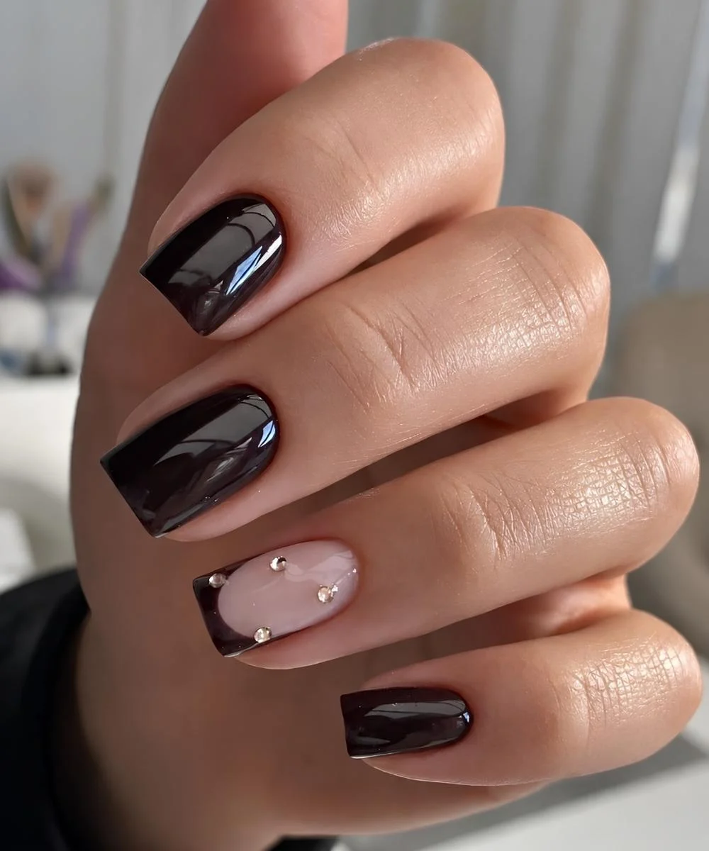 Dark cherry nails with gems