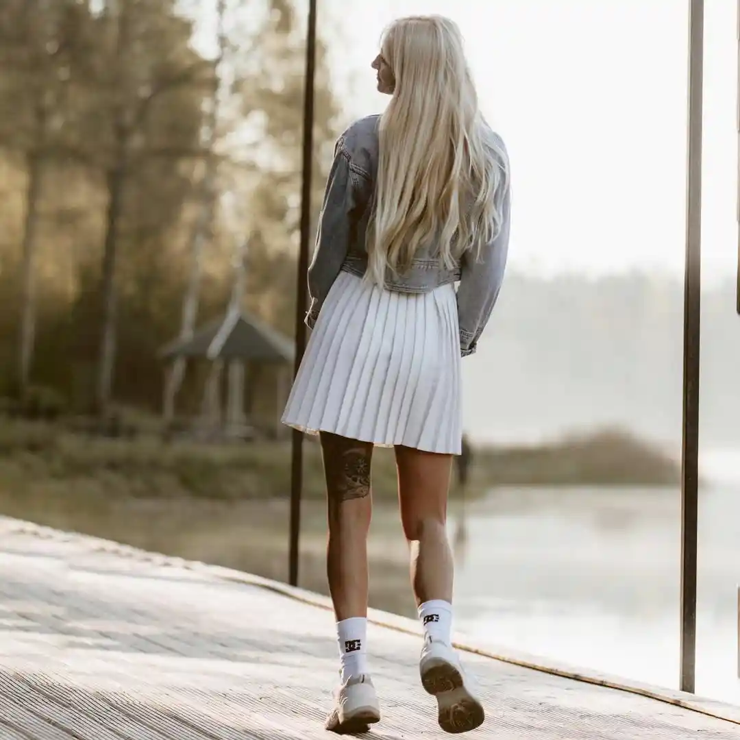 Denim Jacket With Pleated Mini Skirt Casual Look