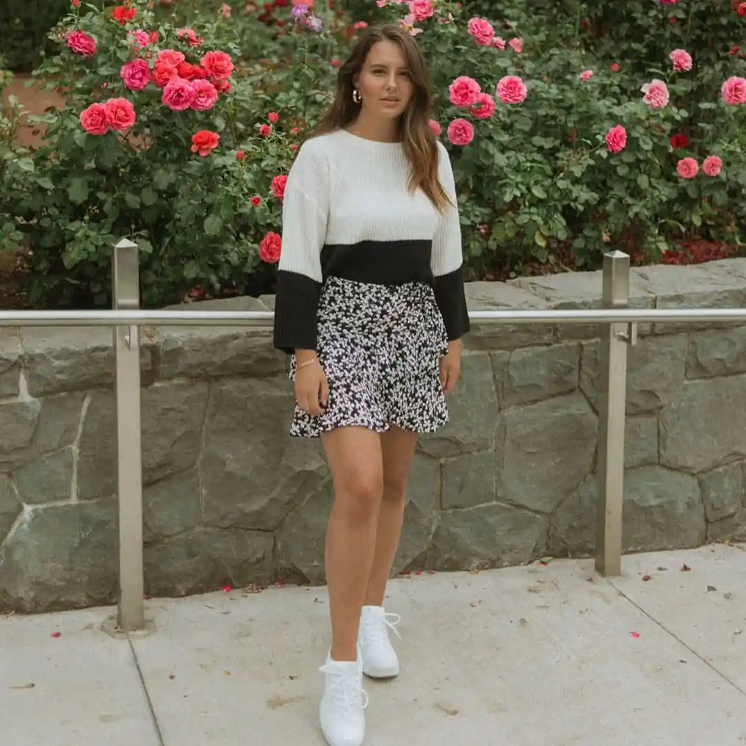 Black and White Floral Skirt With Cozy Knit