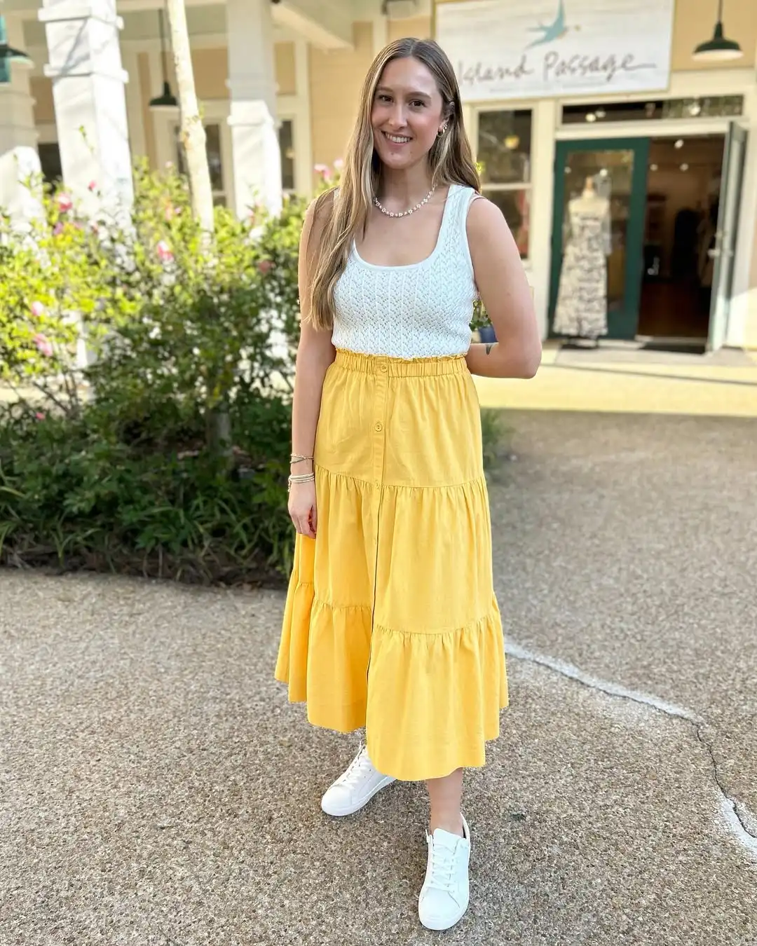 Yellow Tiered Maxi Skirt With White Knit Tank