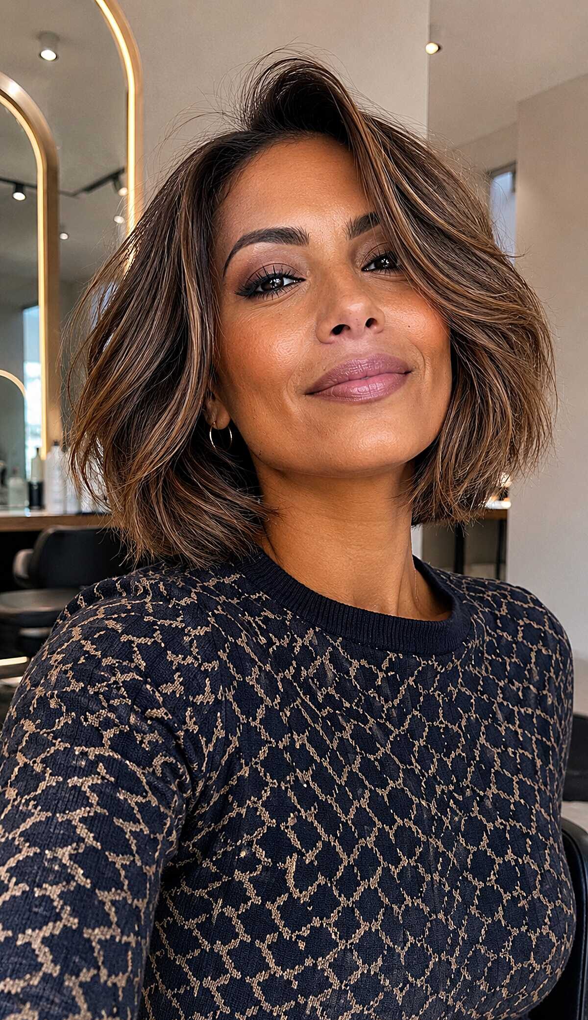 Caramel highlighted bob with tousled waves and volume