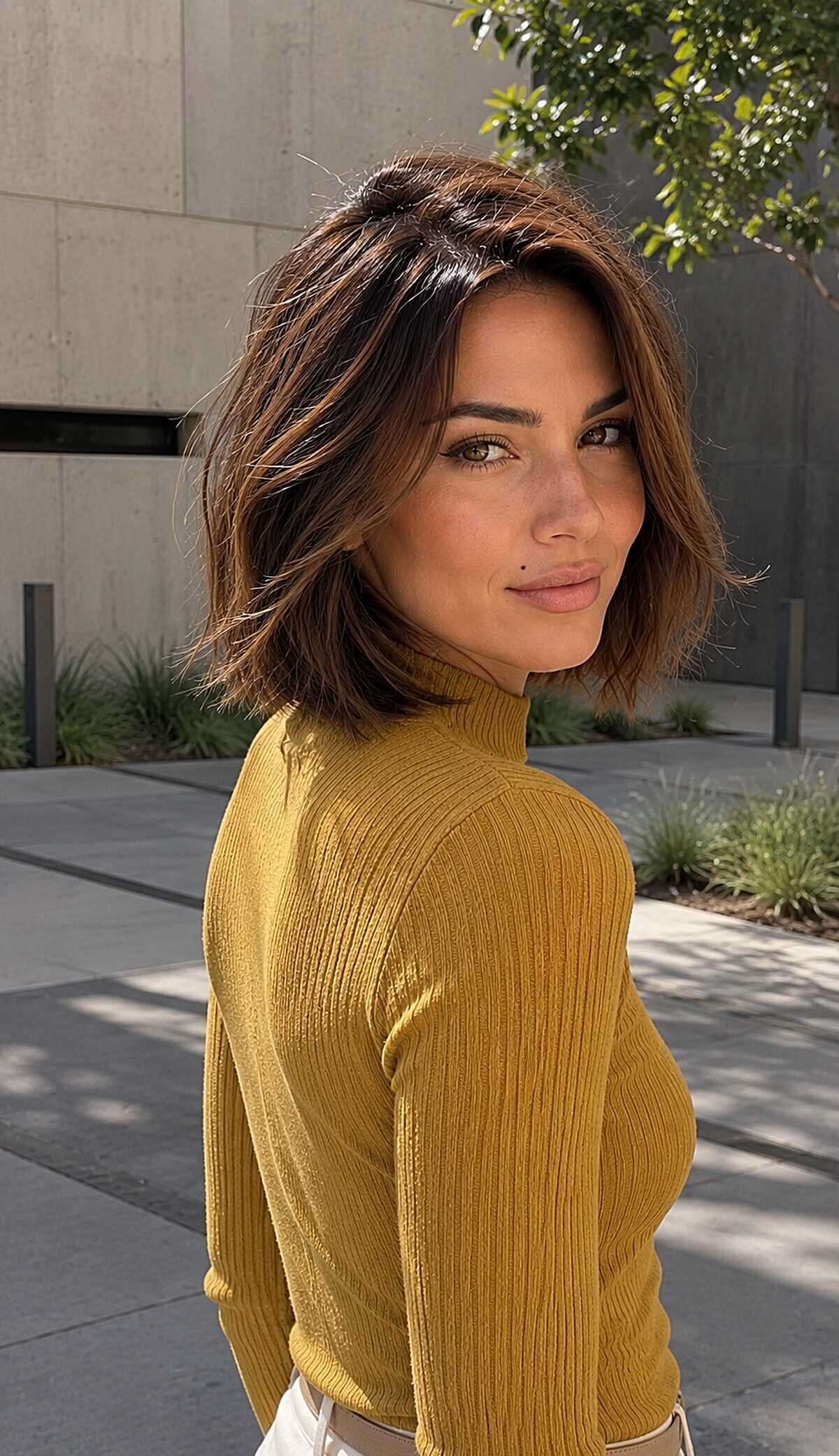 Chocolate brown lob with volume and tousled movement