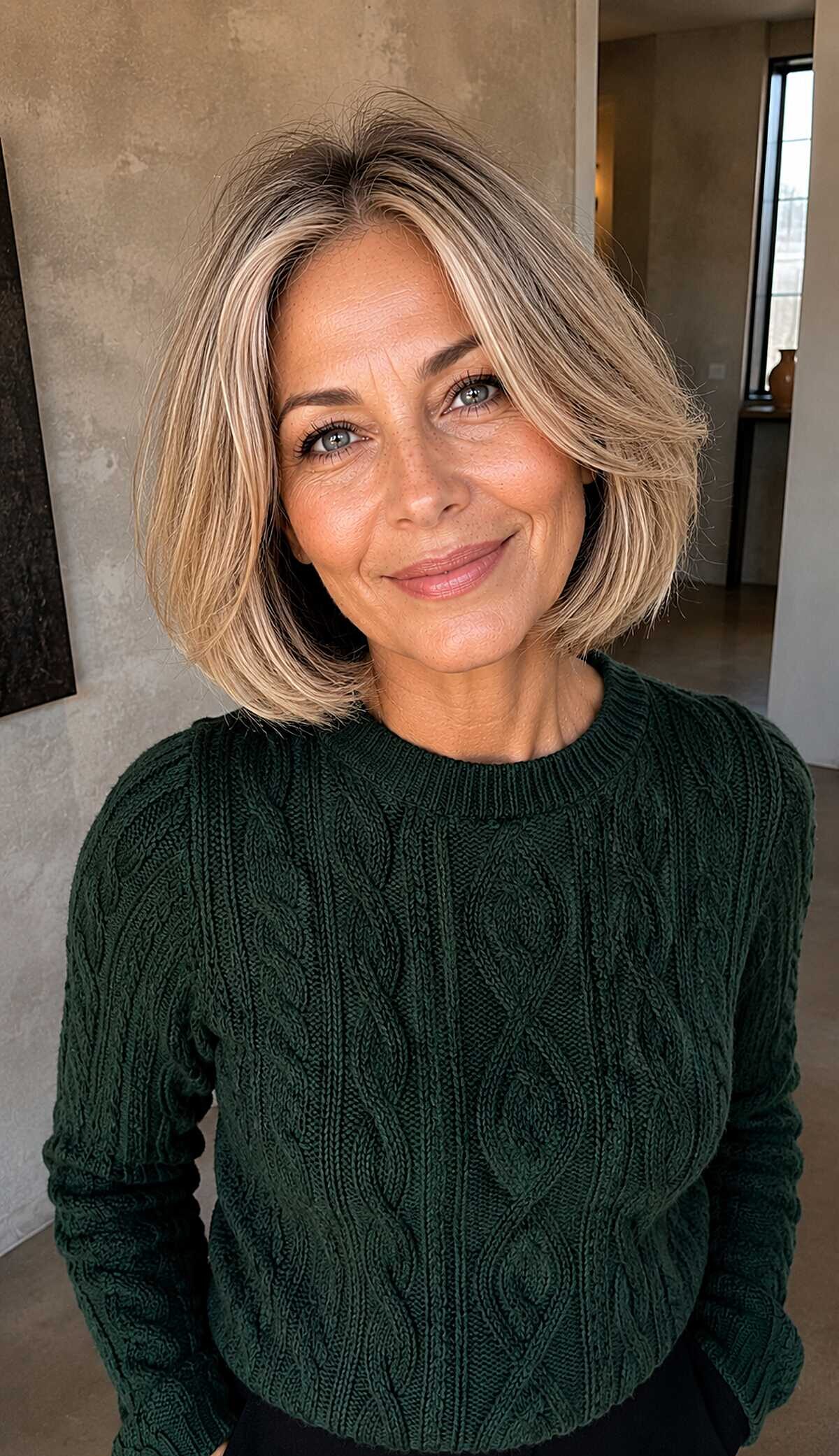 Sandy blonde bob with face-framing pieces and soft volume