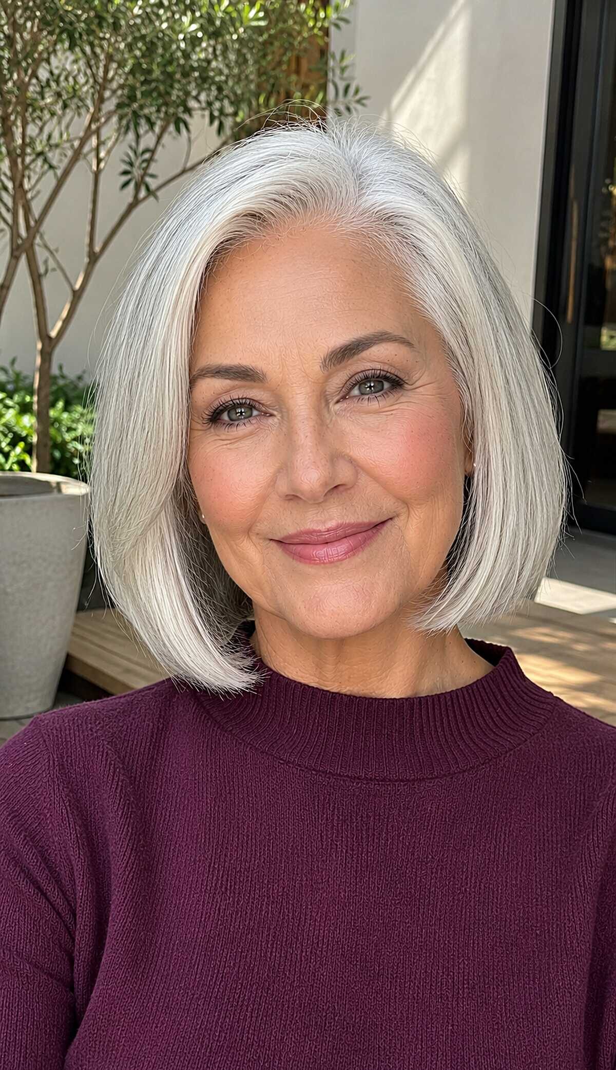 Jaw-length silver white bob with soft inward bend