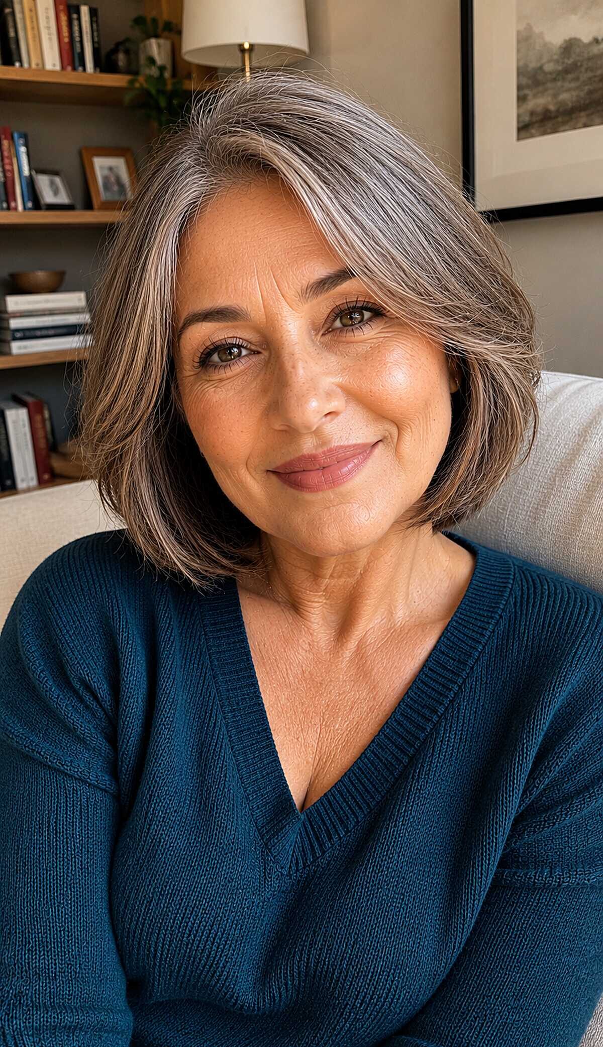 Salt and pepper chin-length bob with natural wave