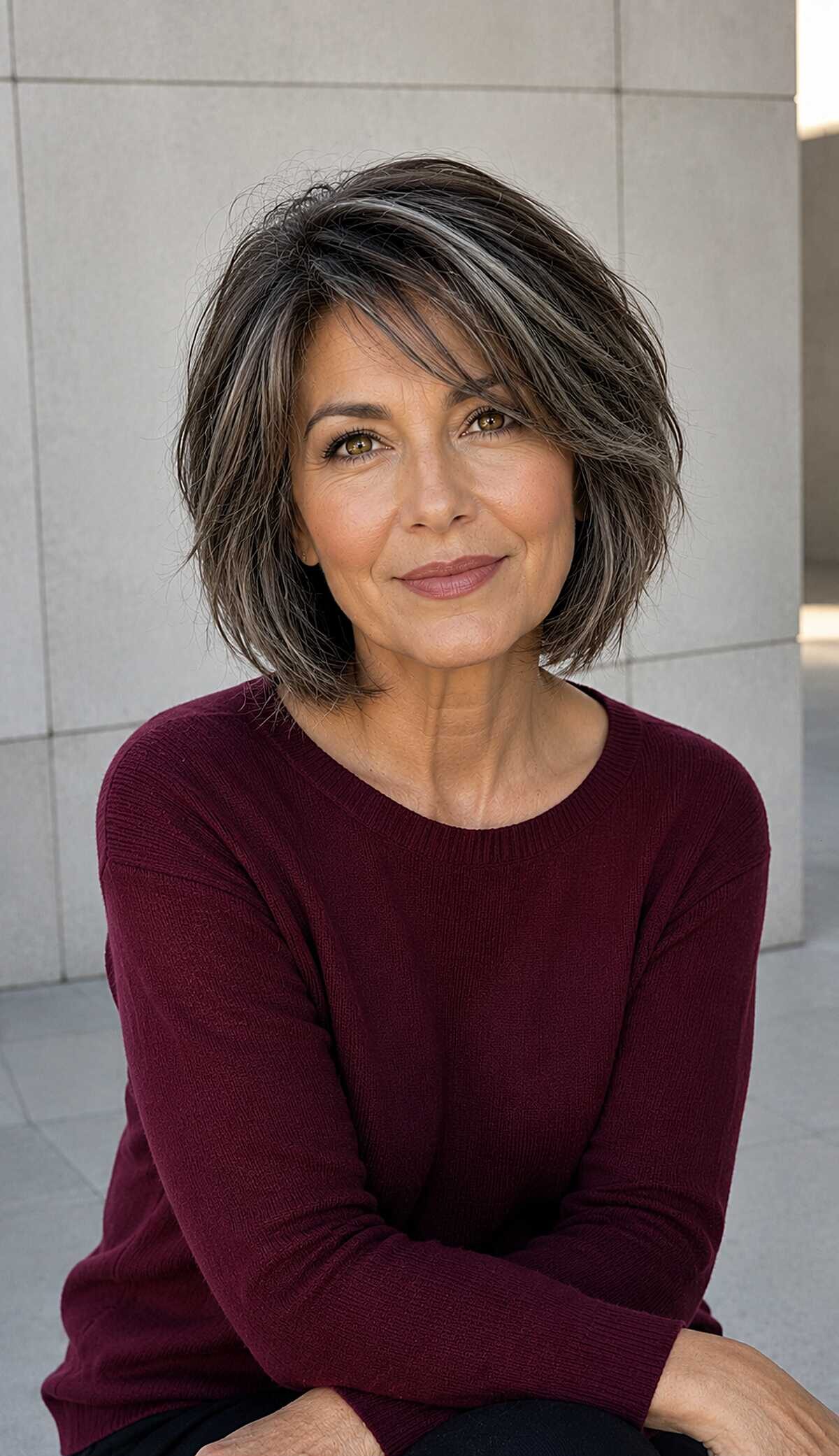 Dark bob with silver streaks and choppy textured layers