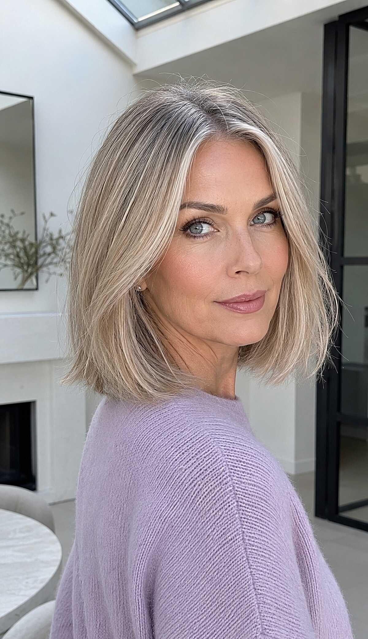 Cool-toned blonde lob with natural texture and volume