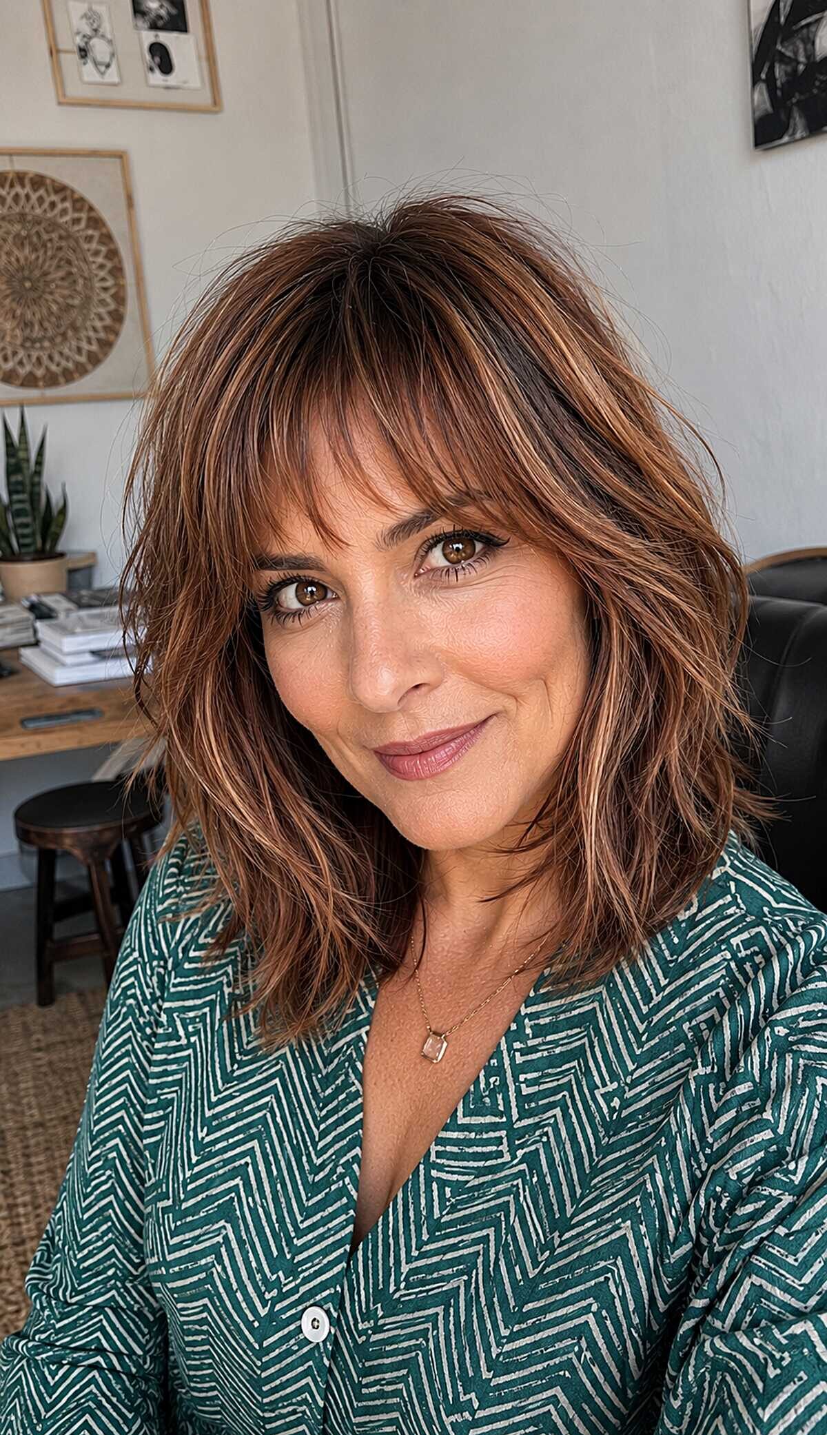 25+ Lob Hairstyles With Bangs You'll Want to Copy Auburn lob with copper highlights and wispy bangs